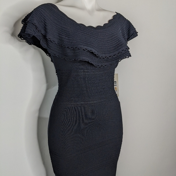 NWT Eliza J black off the shoulder layered ruffle neckline body con dress S - Picture 5 of 10